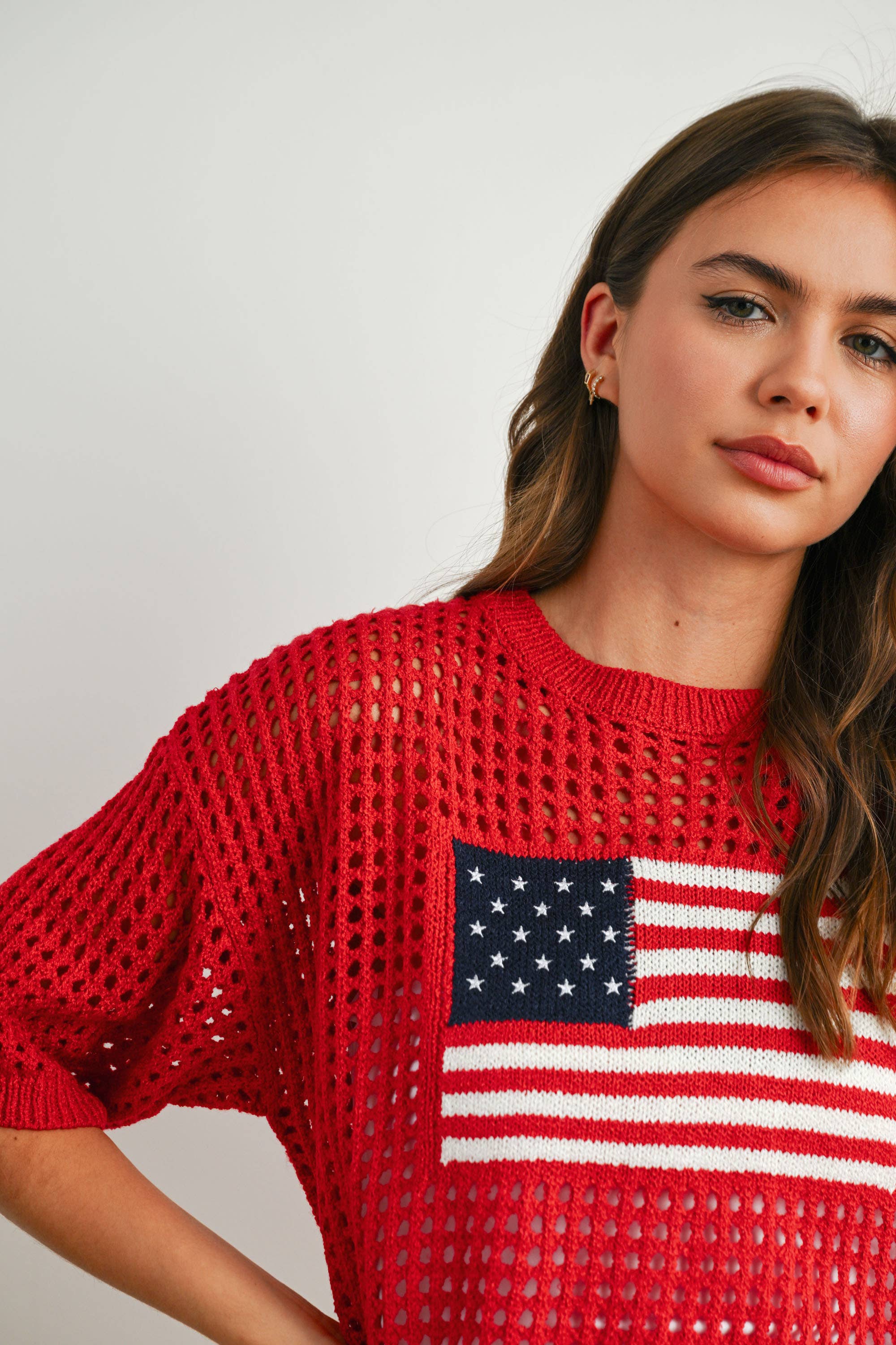 BUTTERMELON - Wholesale Knit Top - Women's - Flag Print Open Knit Crochet Sweater Top - BMW77353