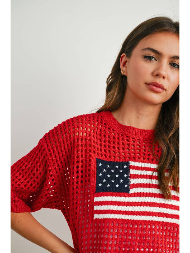 BUTTERMELON - Wholesale Knit Top - Women's - Flag Print Open Knit Crochet Sweater Top - BMW77353