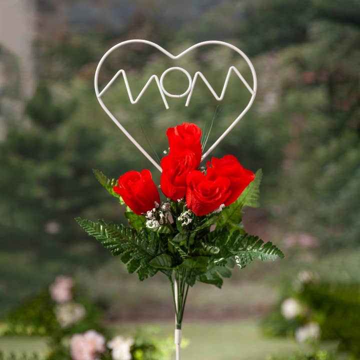 The Gerson Companies - Wholesale Decorative Figurine - Gerson 22"H Mom Heart w/ Roses Stake, 3 asst - Red, Pink, Cr
