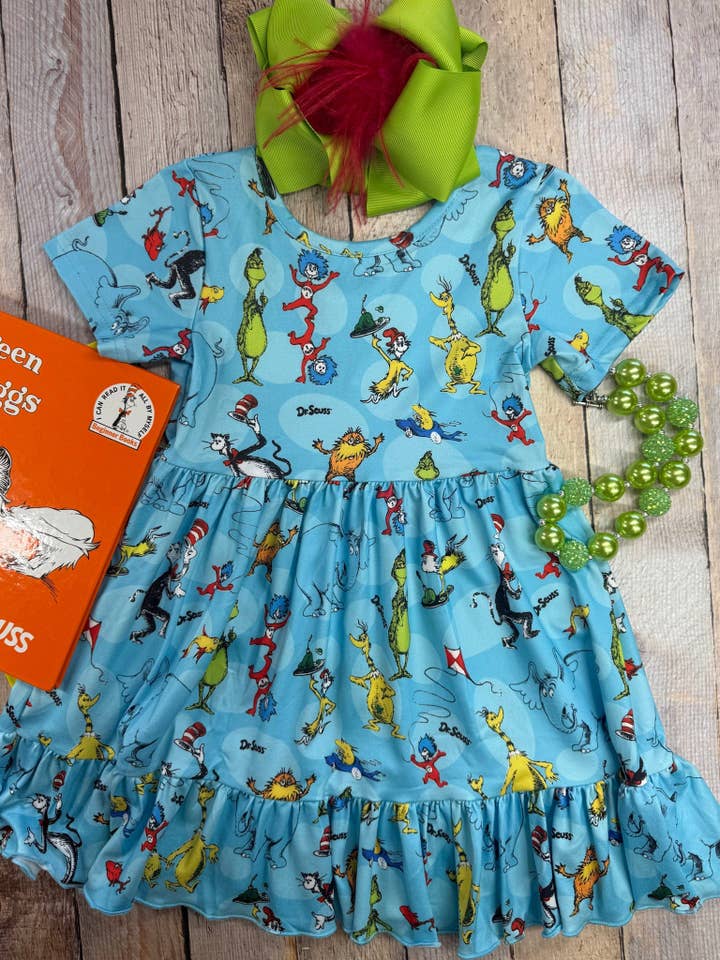 Blue Seuss Crew Twirl Dress for wholesale by The Hair Bow Company