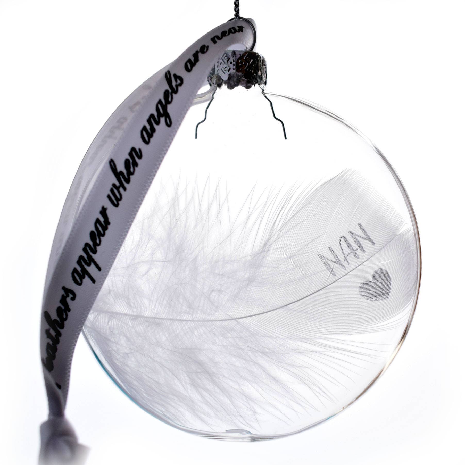 Amaya Rose Ltd. – wholesale Ornament – NAN Memory Bauble Glass Round. Real White Feather1