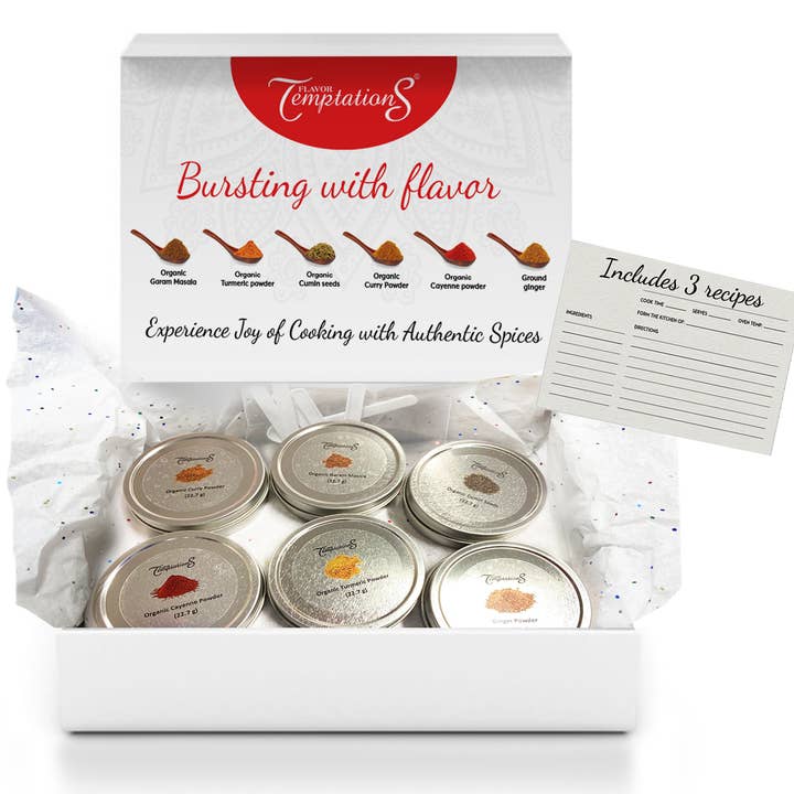 Flavor Temptations - Vendita all'ingrosso Mix di spezie secche - Set regalo campionatore di spezie indiane biologiche (6 barattoli) | Senza glutine