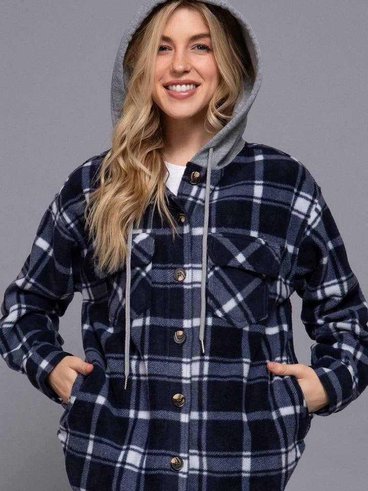 Giacca con cappuccio in pile a quadri a manica lunga taglia comoda per la vendita all'ingrosso da parte di Active Basic | Active USA