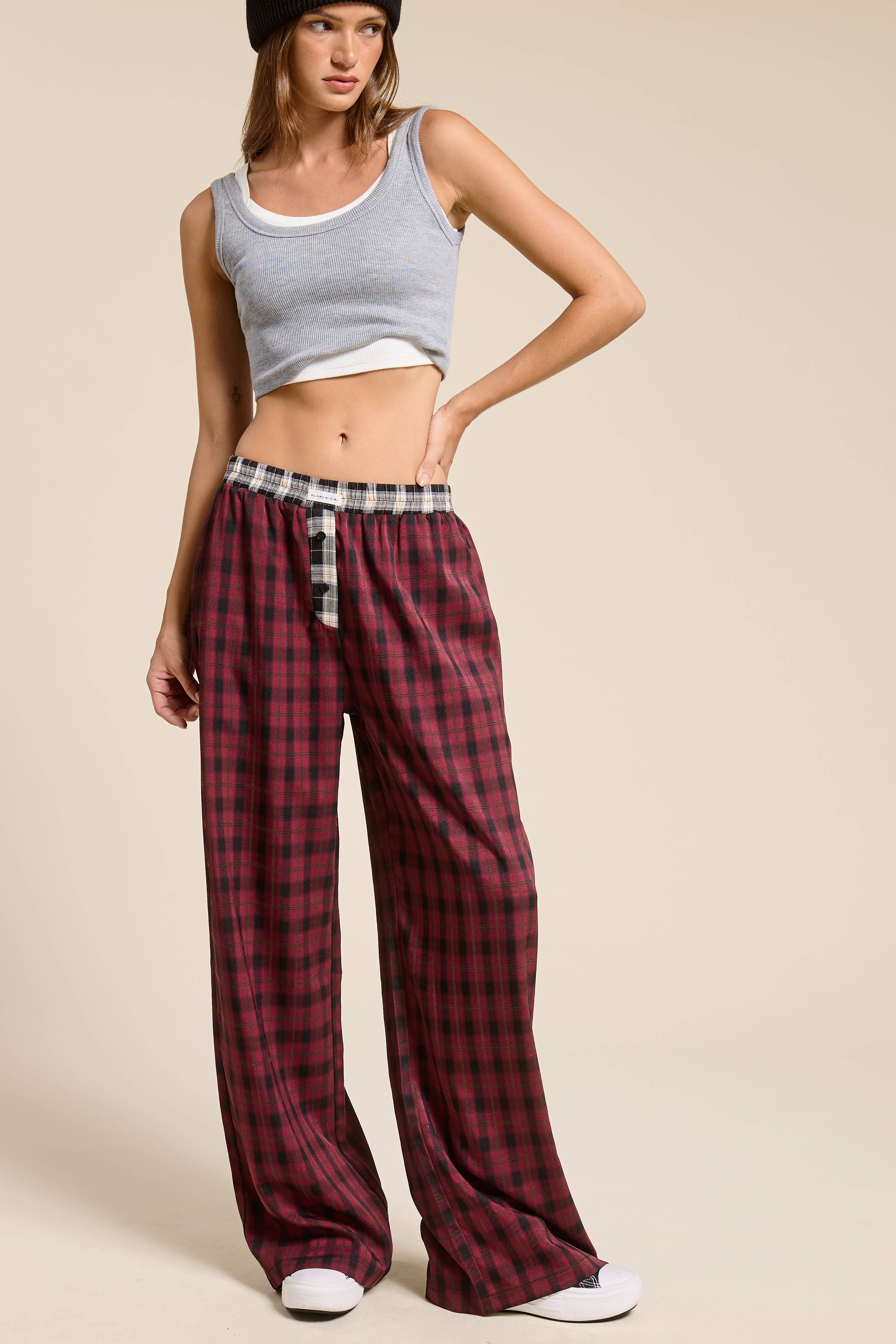 Mimosa - Vente Pantalon – femme - Pantalon boxeur à carreaux avec ceinture contrastante10