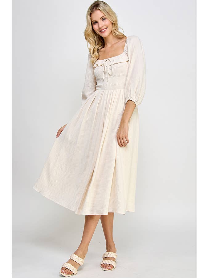 Million Colors - Wholesale Dress - Women's - Juliet Midi Dress 3/4 Sleeves Smocked Ruffles Elastic Cuffs