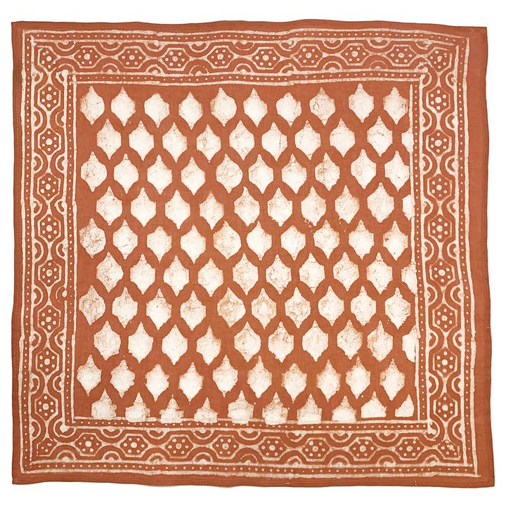 Anju Jewelry - Wholesale Bandana - Women's - Block Printed Bandana - Burnt Orange Tile Grid Print
