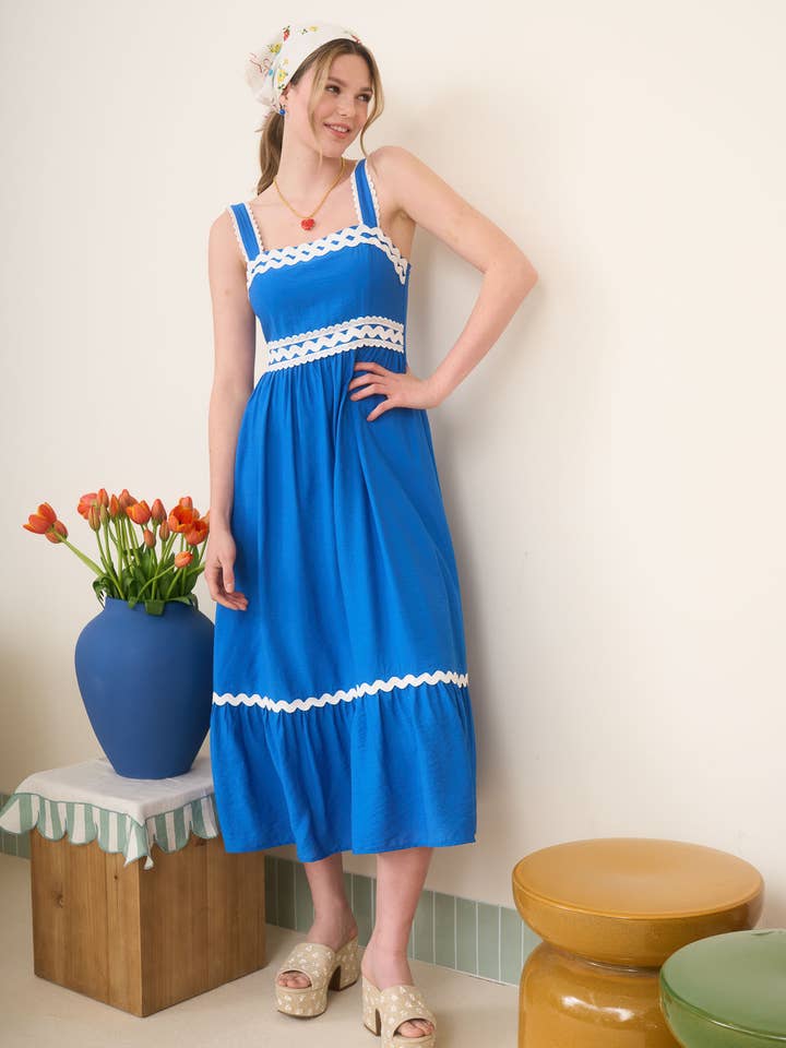 Blu Pepper - Wholesale Dress - Women's - SQUARE NECK WAVE SCALLOP TRIM MIDI DRESS