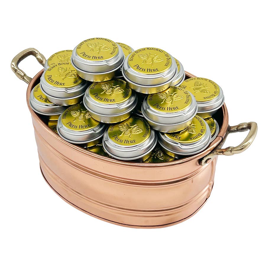 Honey House Naturals - Wholesale Lip Balm - Lip Butter TIN - Pop Top Lid Copper Pot Display - 36 Pieces5