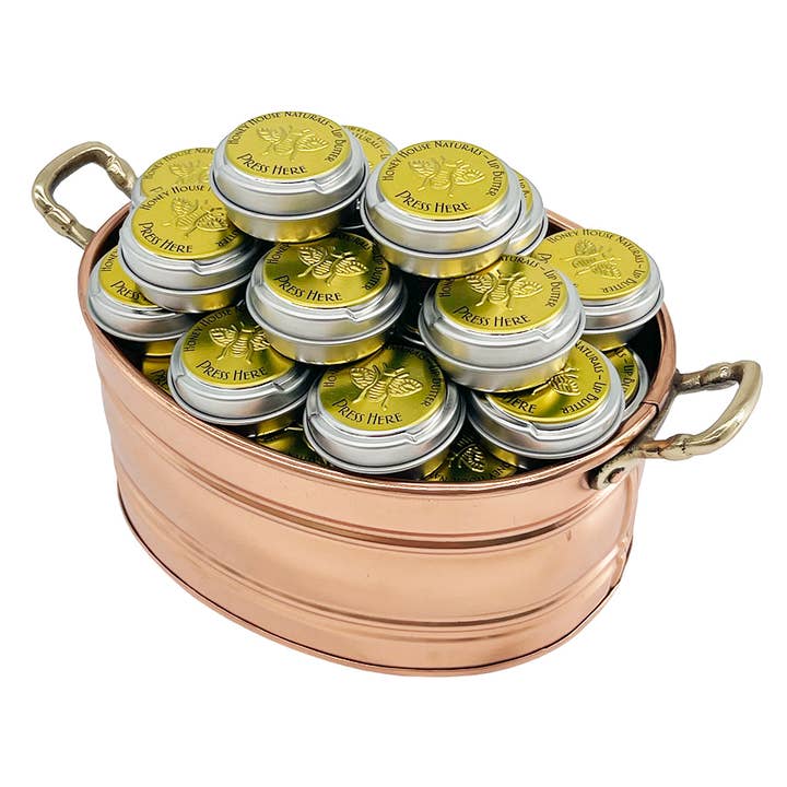 Honey House Naturals - Wholesale Lip Balm - Lip Butter TIN - Pop Top Lid Copper Pot Display - 36 Pieces5