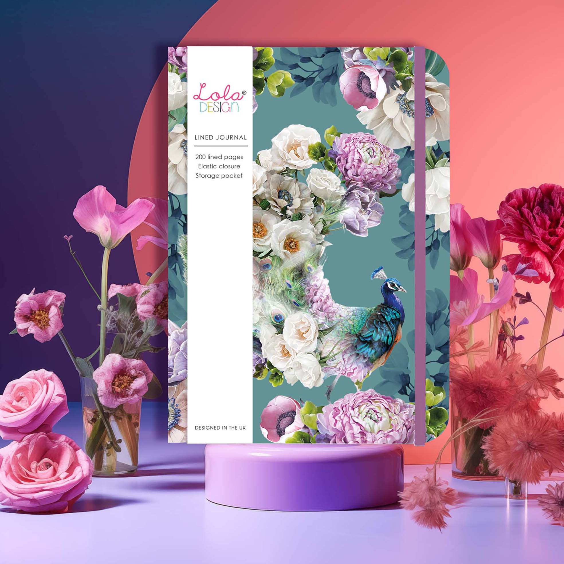Lola Design Ltd – wholesale Journal/diary – Peacock Pattern Hardback Journal with Elastic Closure3