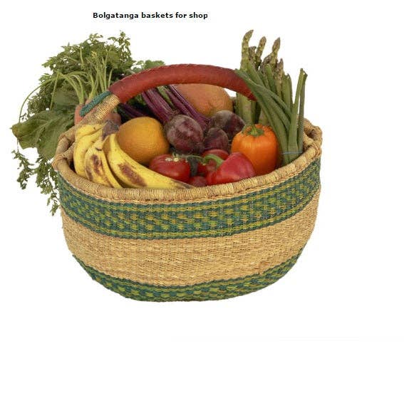 The African Home Goods - Wholesale Basket - Round Bolga Market Basket w/ Leather Wrapped Handle - Green Assorted 1 EA9