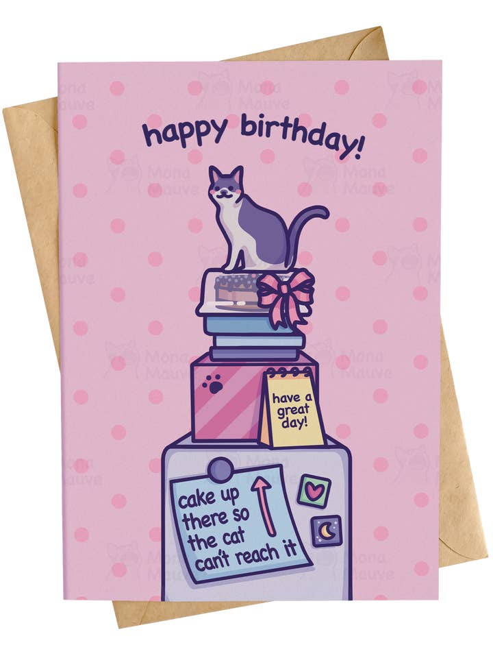 Cake Up There | Bonita tarjeta de feliz cumpleaños para venta al por mayor de Mona Mauve • Silly Art!