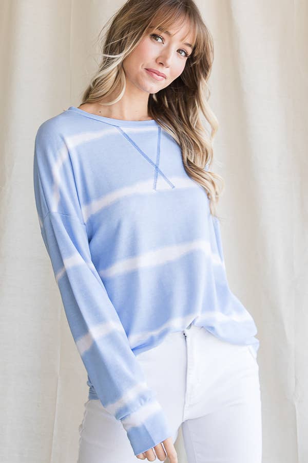 7th Ray – Engroshandel Strikket top - Dame – Stribet Tie Dye V-søm Drop Shoulder Langærmet Top T356515