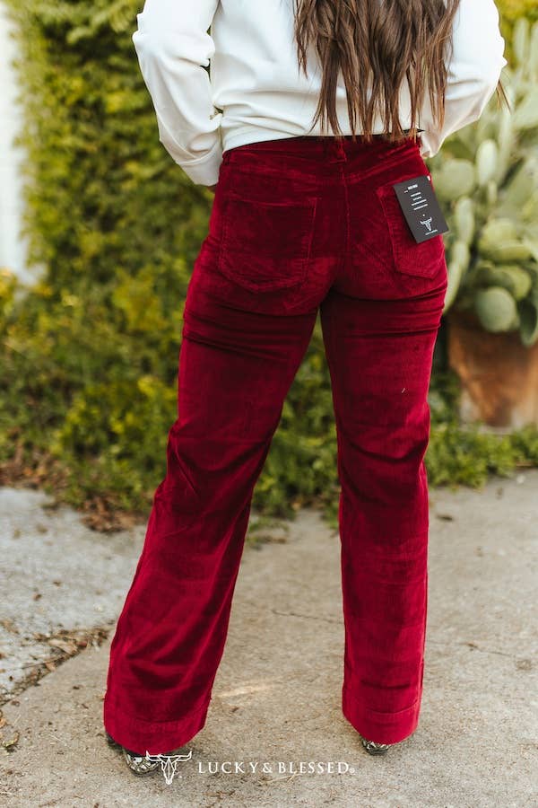 LUCKY & BLESSED - Wholesale Jeans - Women's - Wine Corduroy Mid Rise Trouser Stretch Jeans (32in)1