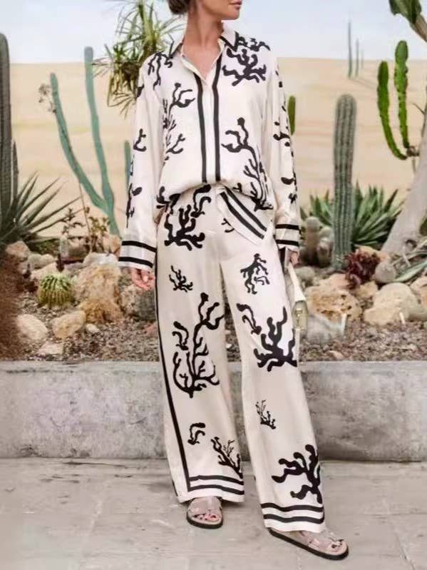 Fashion Resort Print Color-Block Shirt Pants Set for wholesale by Rosa Clothing
