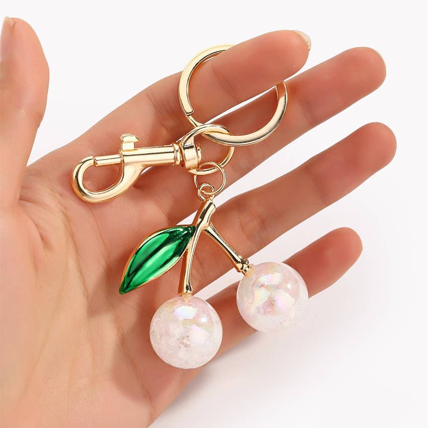 JOSSLYN by wall to wall - Wholesale Keychain - Women's - PEARLIE CHERRY DROP WITH LEAF KEYCHAIN BAG CHARM | 40KC1433