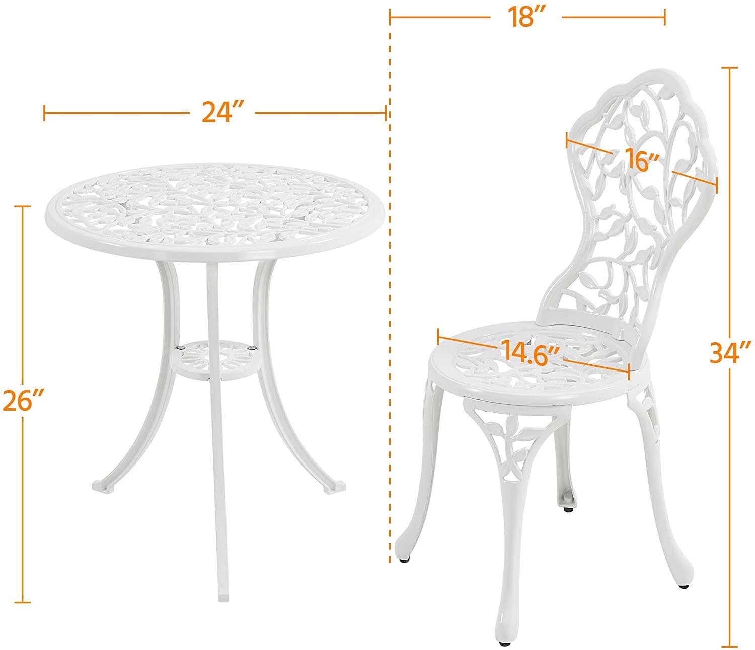 Hi-Line Gift Ltd. - Vendita all'ingrosso Set da patio - Set da bistrot, 3 pezzi, 1 tavolo/2 sedie, foglie bianche3
