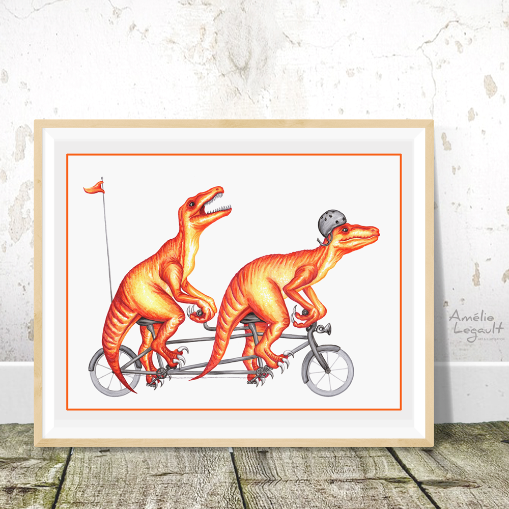 Sardines Studio - Wholesale Art Print - Velociraptors Riding a Tandem Bike Art Print1