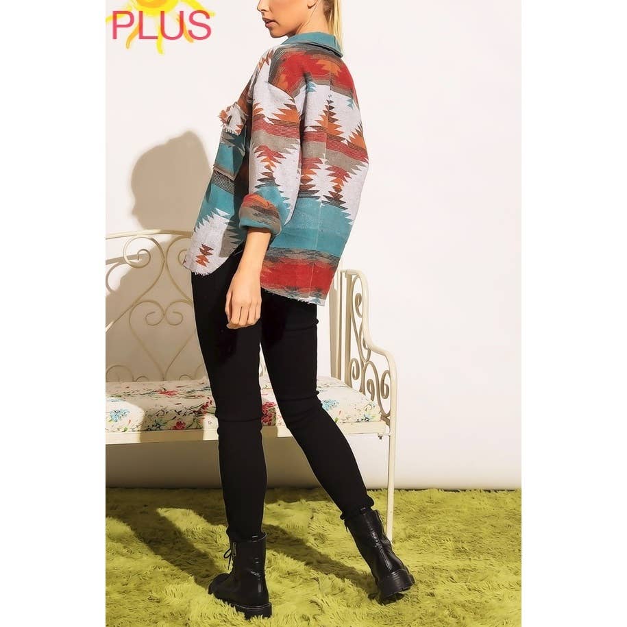 Coloring You – Engroshandel Skjortejakke/shacket – til kvinder – TRIBAL AZTEC MØNSTER KNAP NED SHACKET17