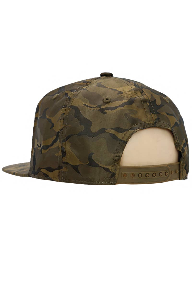 Cap Zone - Wholesale Flat Brim Cap - Men's - Gold Marijuana Leaf Embossed Camo Polyester Fabric Snapback20