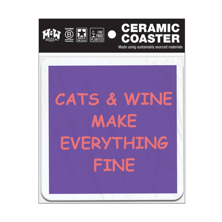 Chats et vin rendent tout bien - Dessous de verre en céramique pour la vente par WitWords by M&W Design Co.