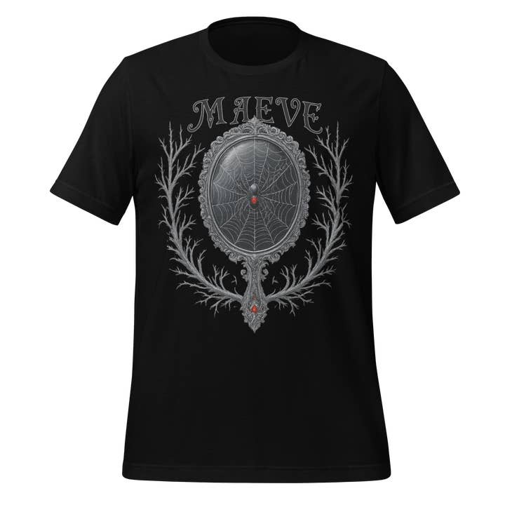 MagicMerchEmporium - Wholesale Screen Printed T-Shirt - Women's - Maeve Name Design with Spider Mirror Art Spooky Tee