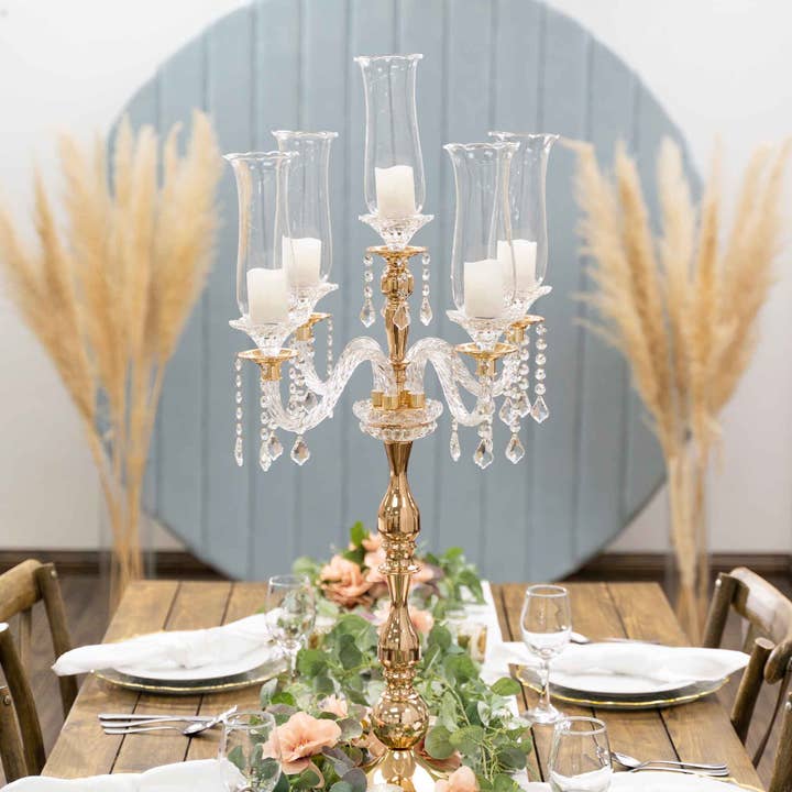 Crystal Candelabra 5 arm Glass Hurricane Globes 39" - Gold for wholesale on Faire