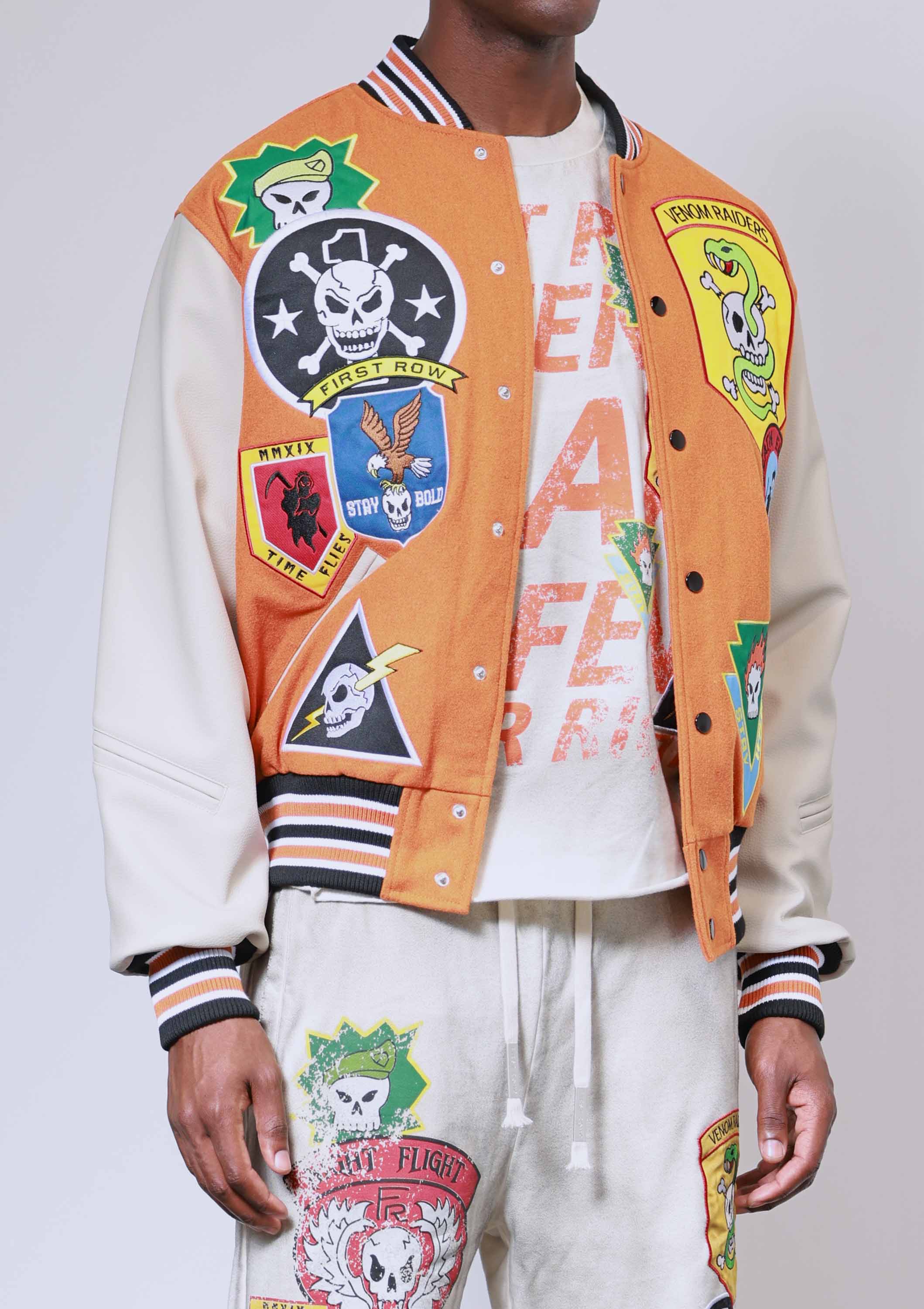 Orange LOGO ALLOVER VARSITY JACKET for wholesale on Faire3