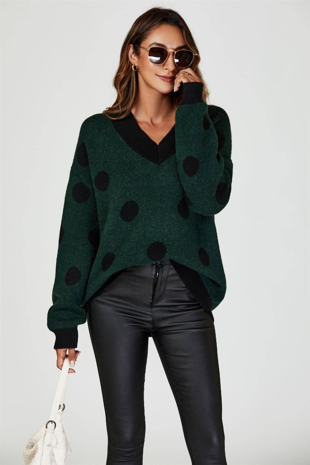 Wool Blended V Neck Jumper In Green & Black Polka Dot for wholesale on Faire5
