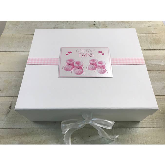Twin Booties Large Keepsake Box (TWIN BOOTIES PINK A4) for wholesale by White Cotton Cards