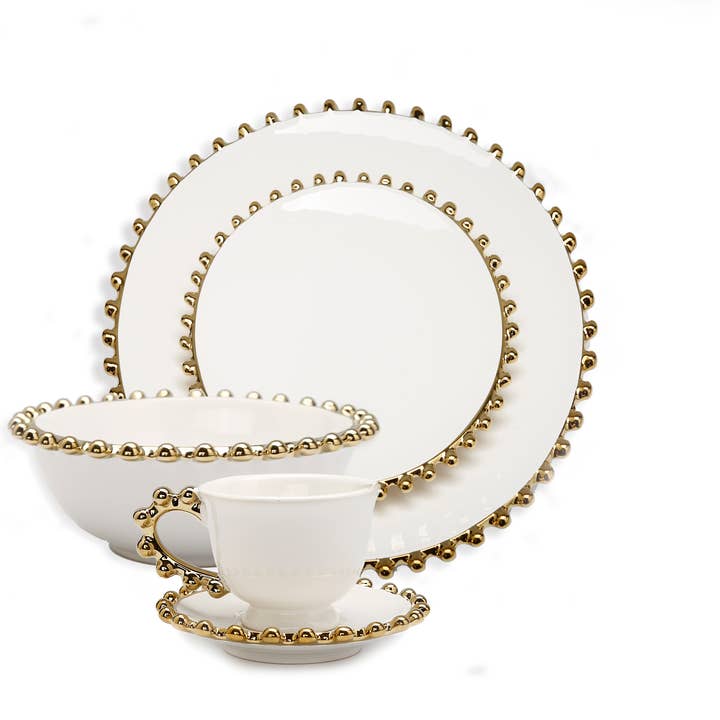 CLASSIC TOUCH DECOR INC. - Wholesale Dinnerware Set - 5 Piece White Dinner Set Gold Beaded Border