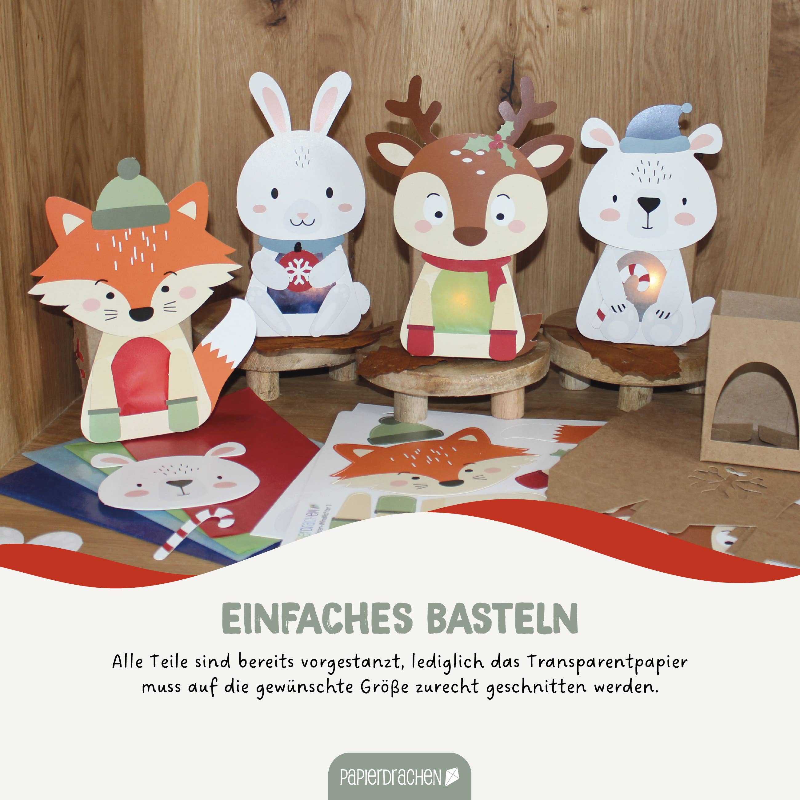 Papierdrachen – Großhandel Bastelset – Kinder – Windlichter Wintertiere - Set 012