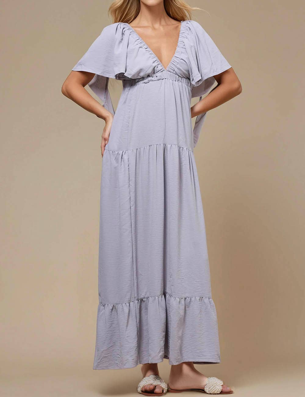 Sweetkama - Vente Robe – femme - Robe maxi unie décolleté en V et dos nu SKD15322