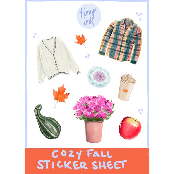 Cozy Fall Sticker Sheet for wholesale by Tiny Ink Boston
