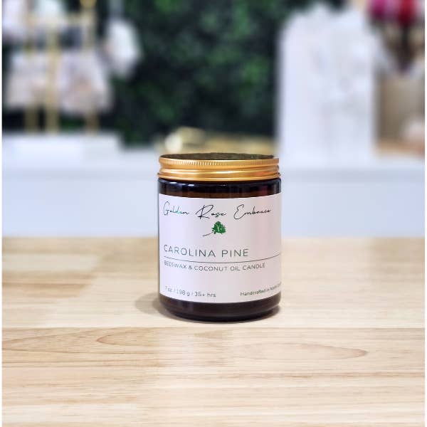 Carolina Pine 7oz Amber Glass Beeswax Candle for wholesale by Golden Rose Embrace