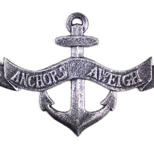 Antique Silver Cast Iron Anchors Aweigh Anchor Sign 8" for wholesale by Hampton Nautical