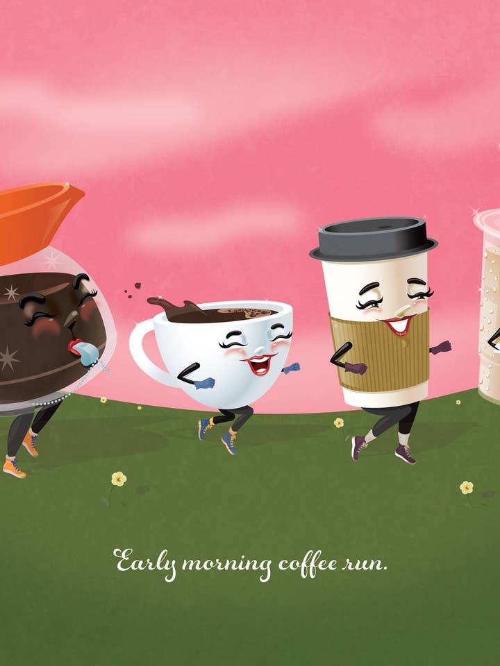 Impression artistique d'illustration originale de course au café pour décoration de cuisine pour la vente par Kitschy Delish