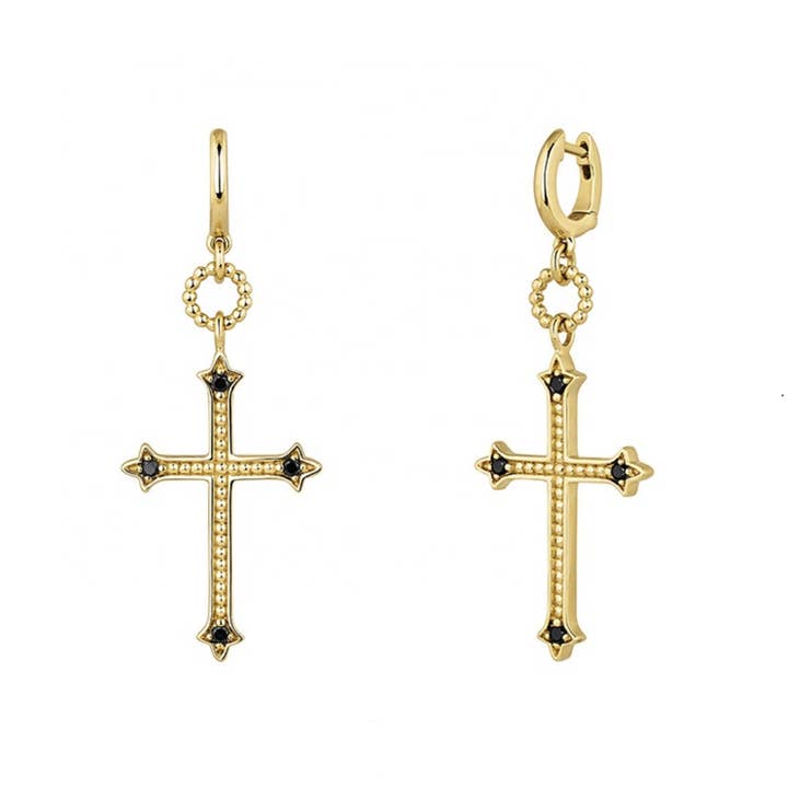 Gothic Cross Gold Huggie Earrings for wholesale by Benny Loves Stella