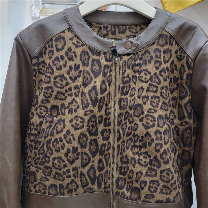 Coffee M290 2025 Fall Women’s Leopard PU Leather Short Jacket for wholesale on Faire2