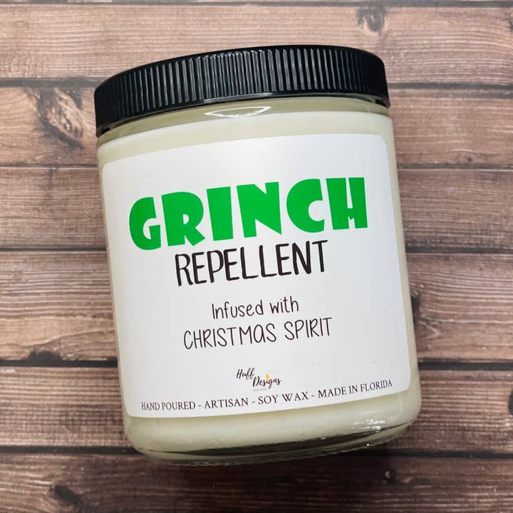 Grinch Repellent, Scented Soy Candles for wholesale by Huff Designs Candle Co