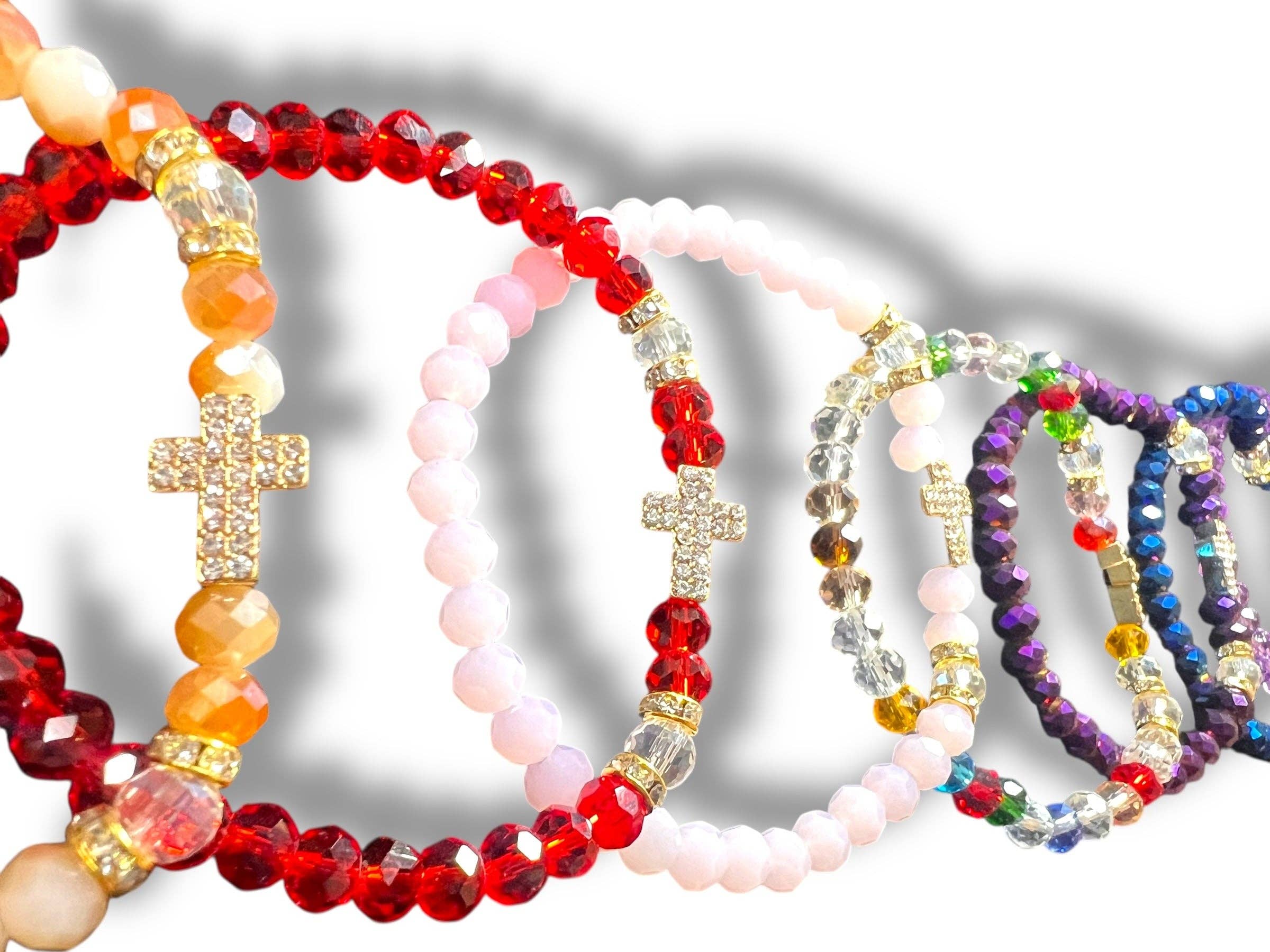 SAN JUDITAS RELIGIOUS ARTICLES - Wholesale Beaded Bracelet - BRACELET: ASSORTED COLORED GLASS WITH CROSS CHARM