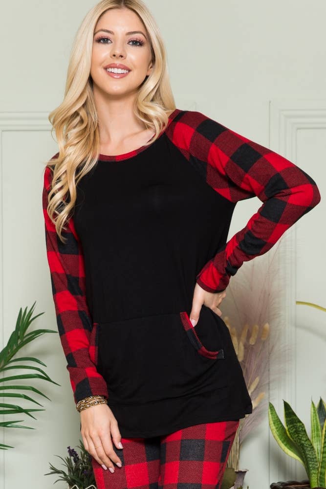 Celeste Clothing - Wholesale Knit Top - Women's - CT43591-SOLID TOP WITH PLAID CONTRAST SLEEVE6