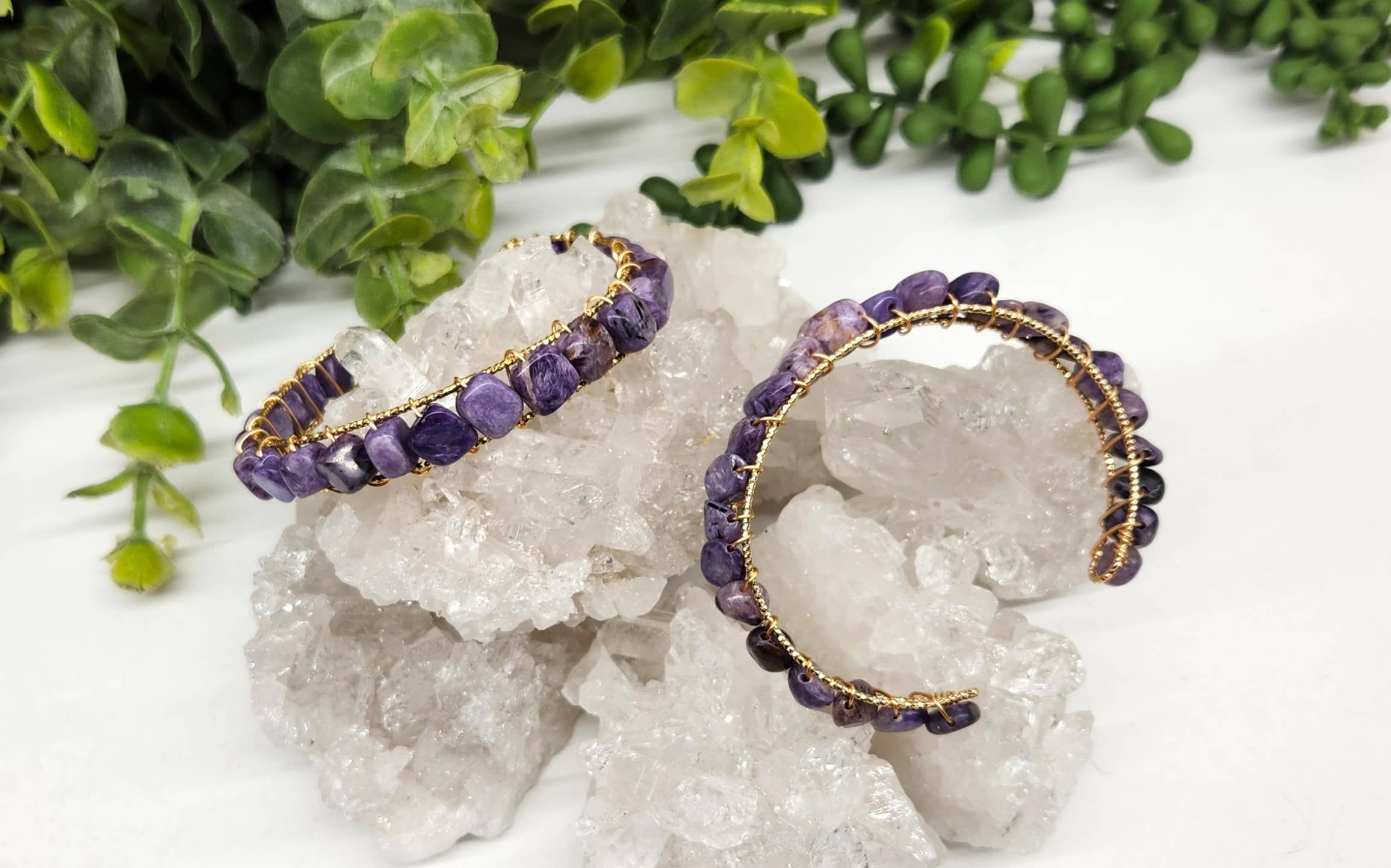 Meraki Gemstones - Wholesale Cuff Bracelet - Charoite Bangle/Cuff WireWrapped Bracelet-18kt. Gold Overlay6