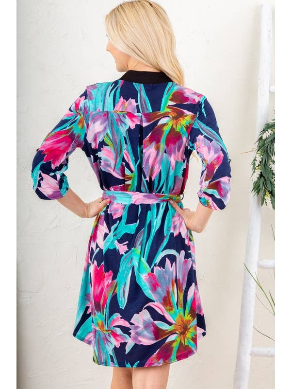 MARINBLÅ ED6111-11 MANDARIN KRAGE FLERFÄRGAD BLOMMIG KLÄNNING för wholesale på Faire10