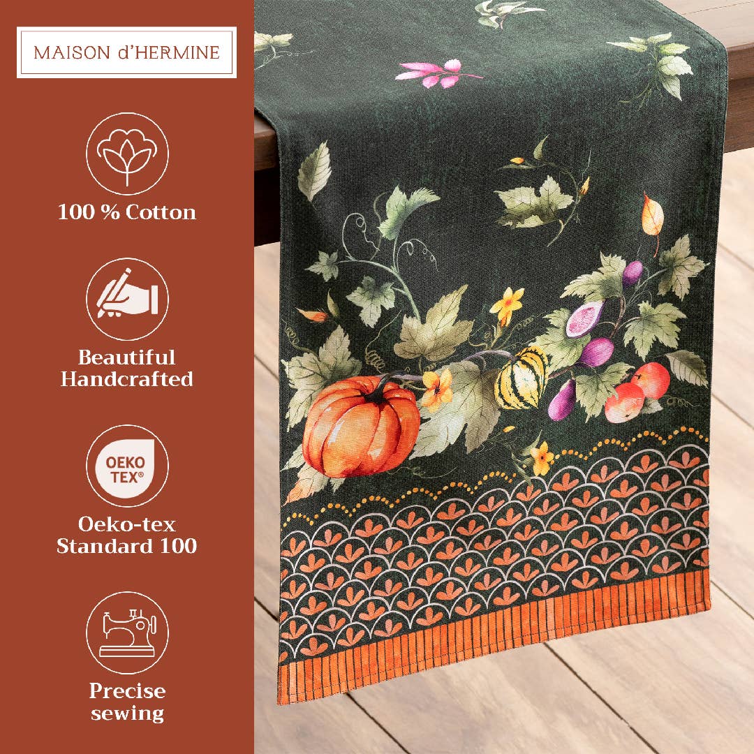 Maison d'Hermine - Design in Every Thread - Wholesale Table Runner - Table Runner - Double Layer-Fall-Pumpkin Garden - Dark Green1