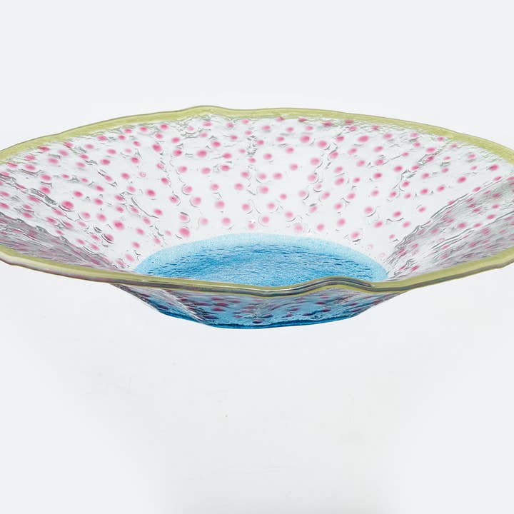 Cuenco Ondulado Artisano 36x8 Azul y Verde con Puntos Rosados para venta al por mayor de Cavari Atelier