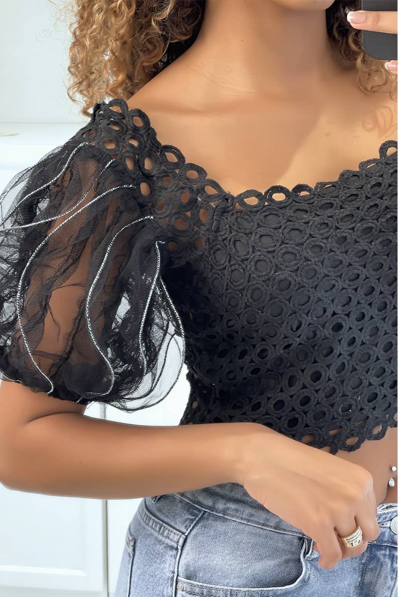 Nero Top corto nero con maniche a sbuffo in vendita all'ingrosso su Faire2