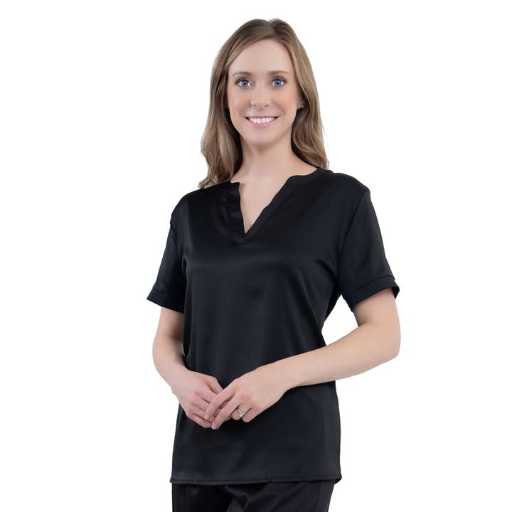 Black Satin S/S V neck Top for wholesale by Amanda Blu
