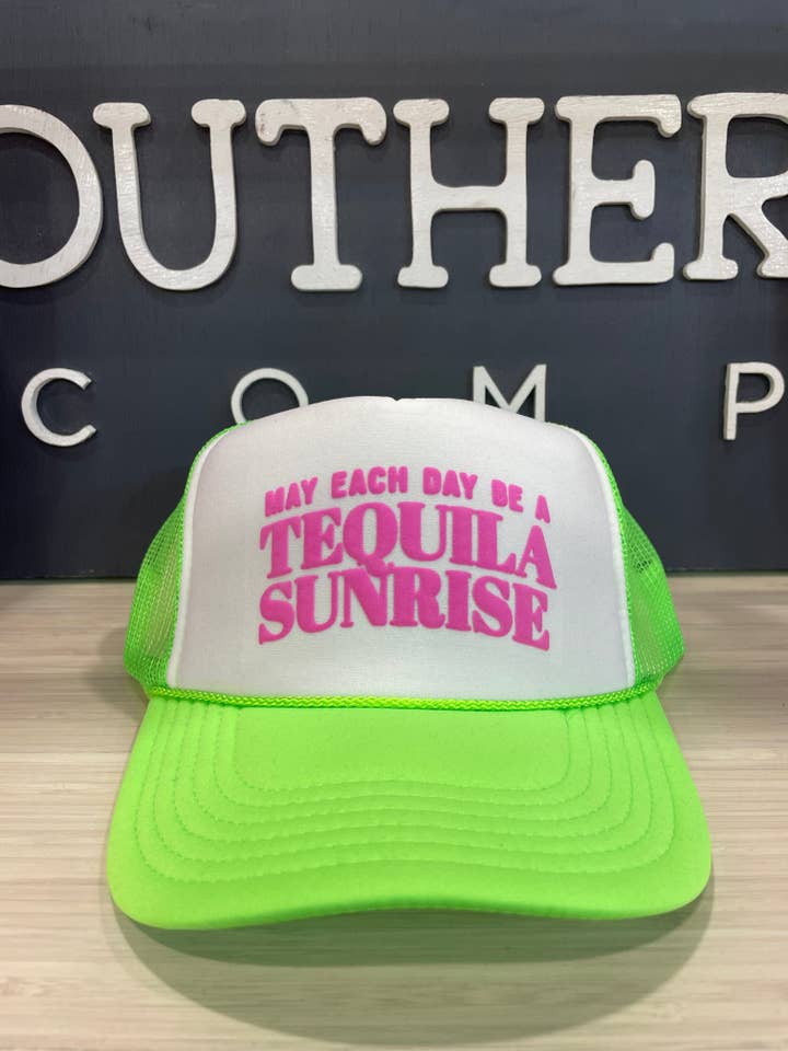 May Each Day Tequila Sunrise White/Lime Trucker Hat for wholesale by Southern Bliss Co.