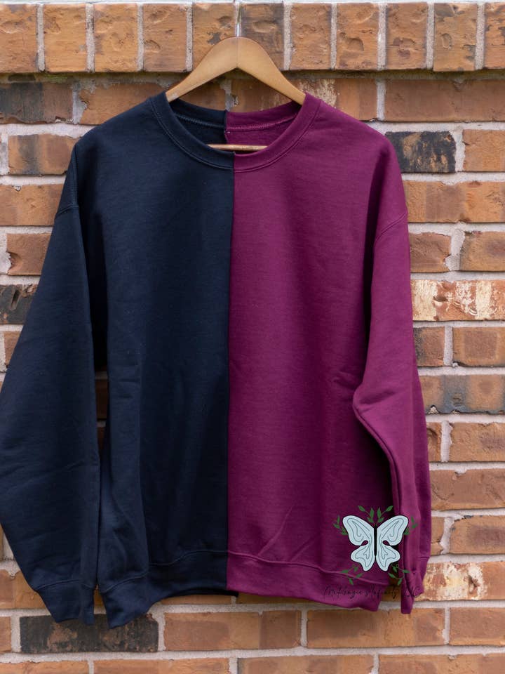 Maroon & Black Split Colored, Two-Toned, Crewneck Sweatshirt for wholesale by McKenzie’s Infinity LLC